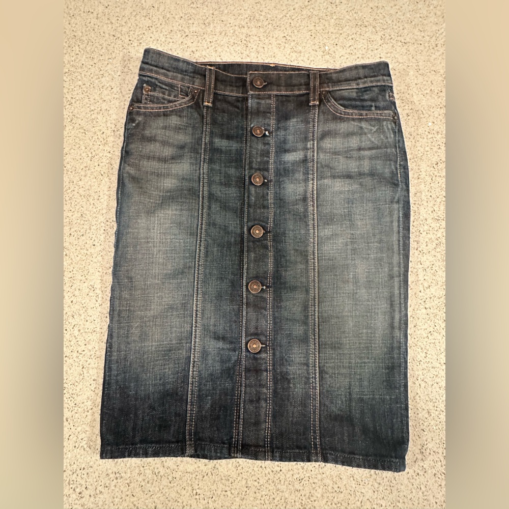7 For All Mankind Blue Denim Midi Button Front Skirt 25 XS Small
